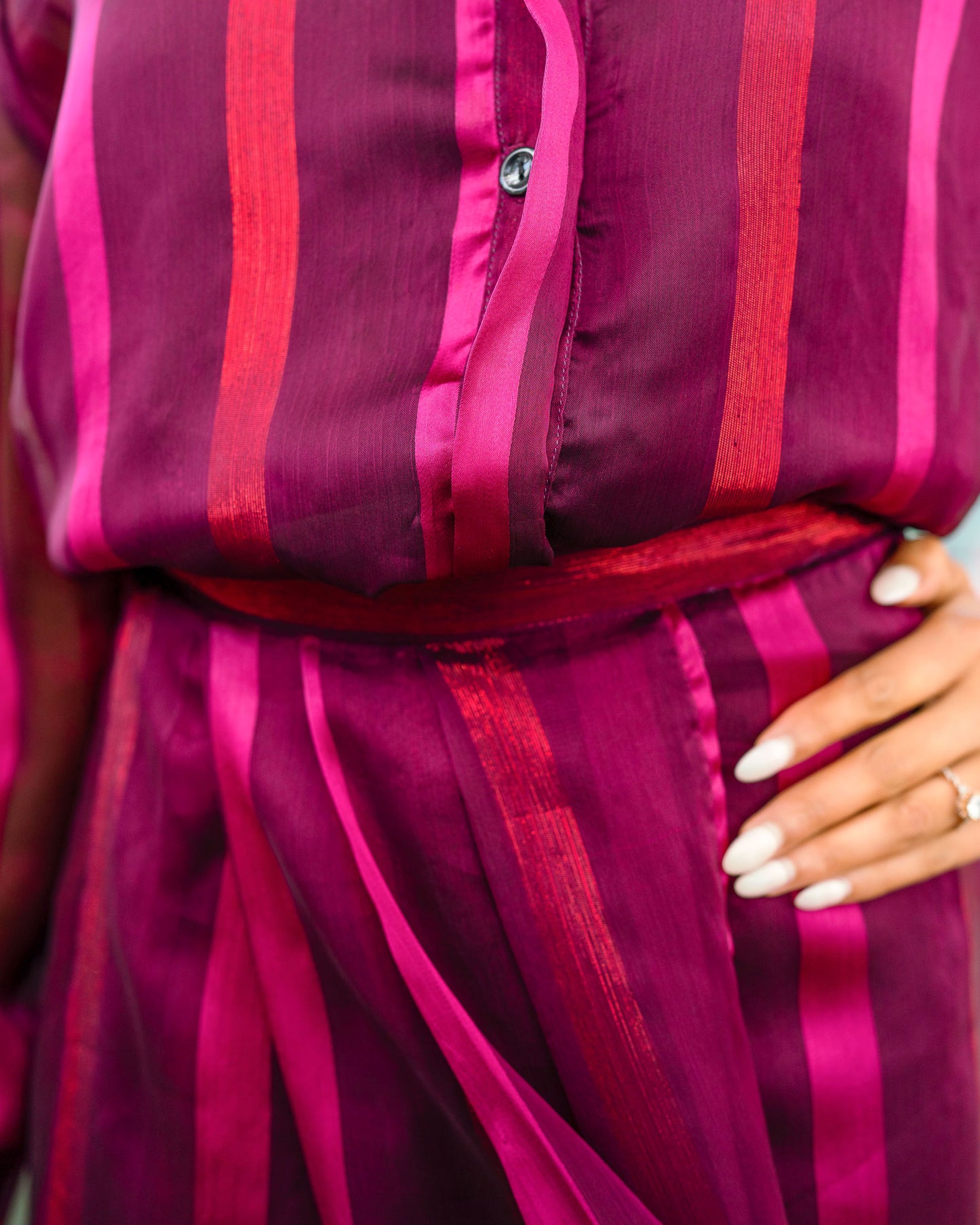Plum Satin and Zari Pleated Sheer Skirt